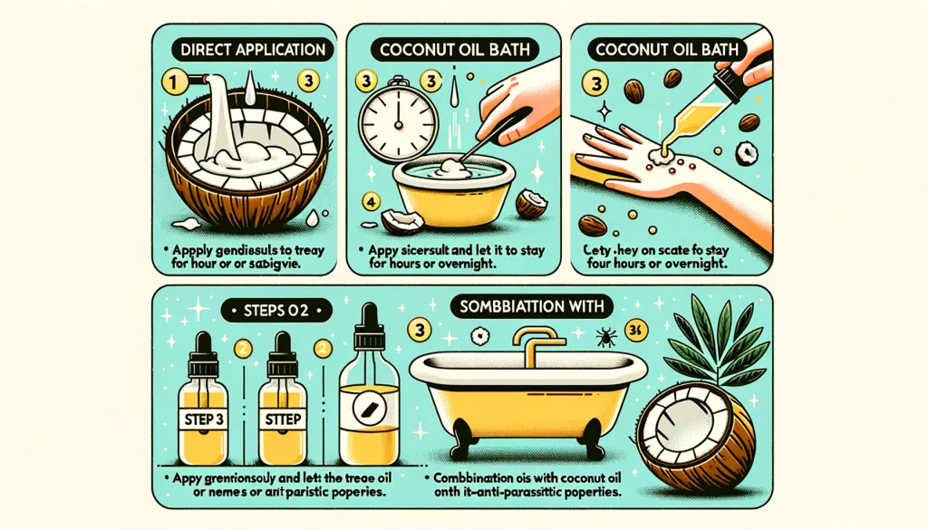 The infographic outlines the three main methods: Direct Application, Coconut Oil Bath, and Combination with Essential Oils.