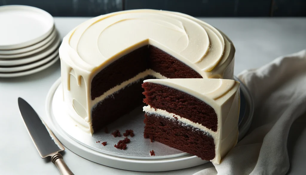 A round chocolate cake with coconut oil frosting on a white plate