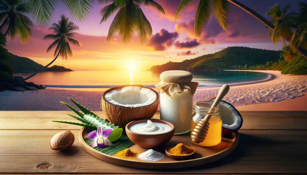 A tranquil tropical beach setting at sunset with a table showcasing the ingredients for the coconut milk face mask. The text overlay reads