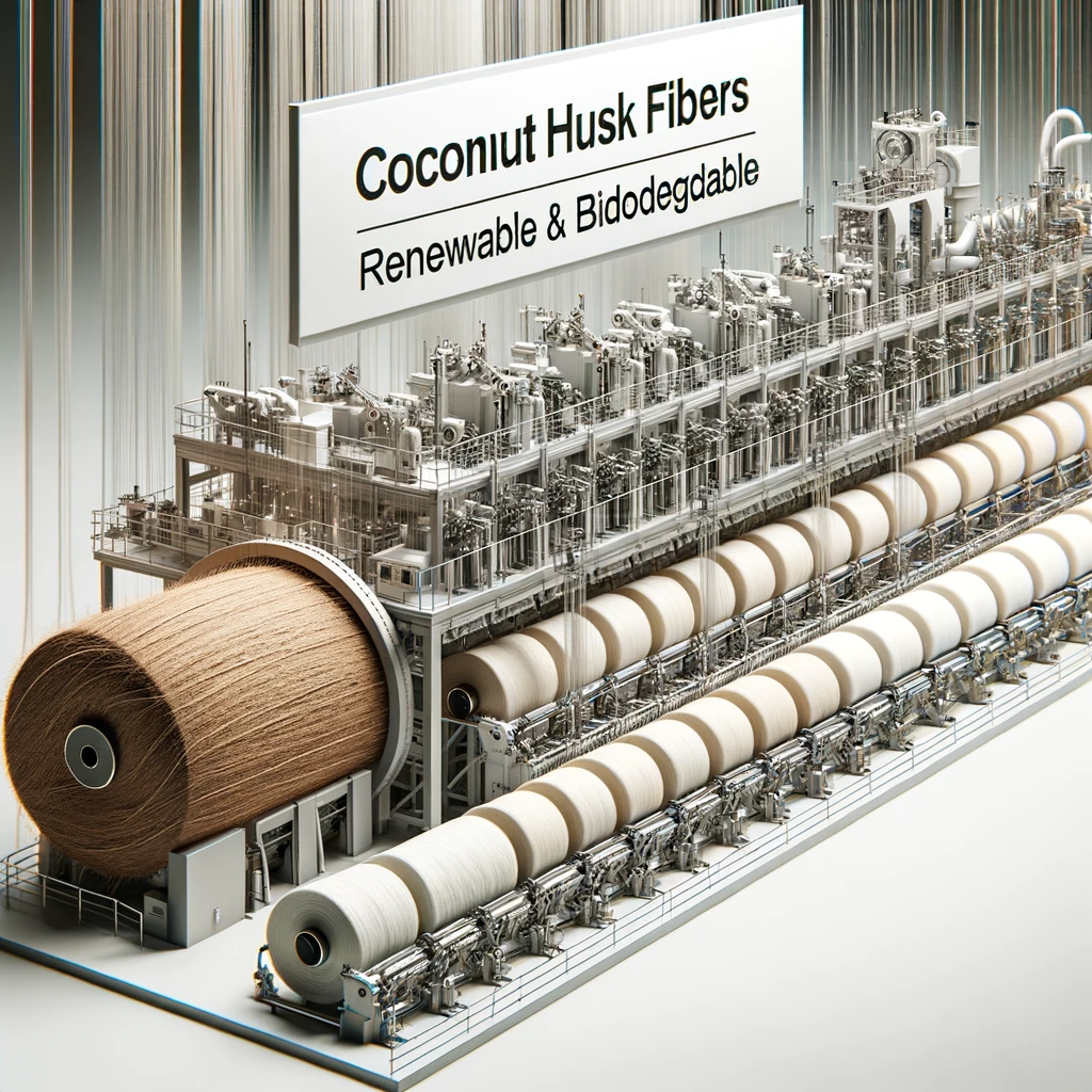 An illustration depicting a textile factory processing coconut husk fibers into yarn, with machines and finished fabric rolls.