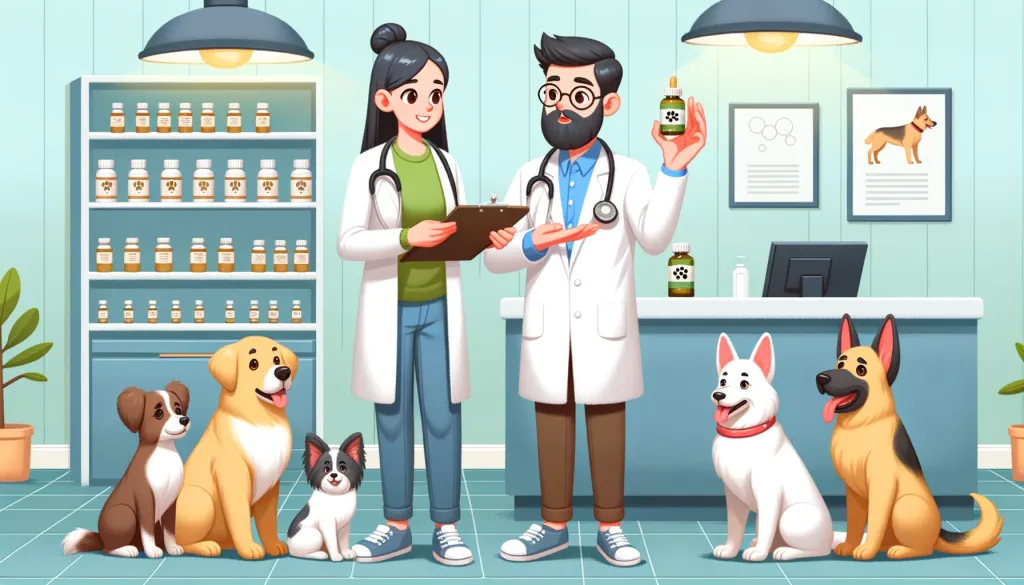An illustration of a veterinarian discussing the benefits of coconut oil for canine demodex treatment.