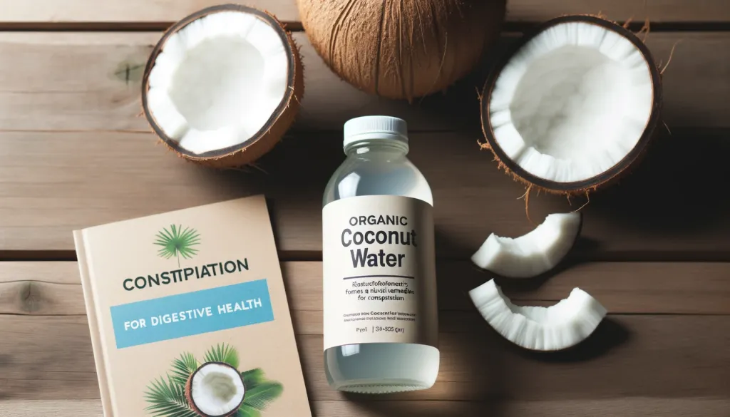 A bottle labeled for digestive health with coconut slices and a booklet on natural remedies.