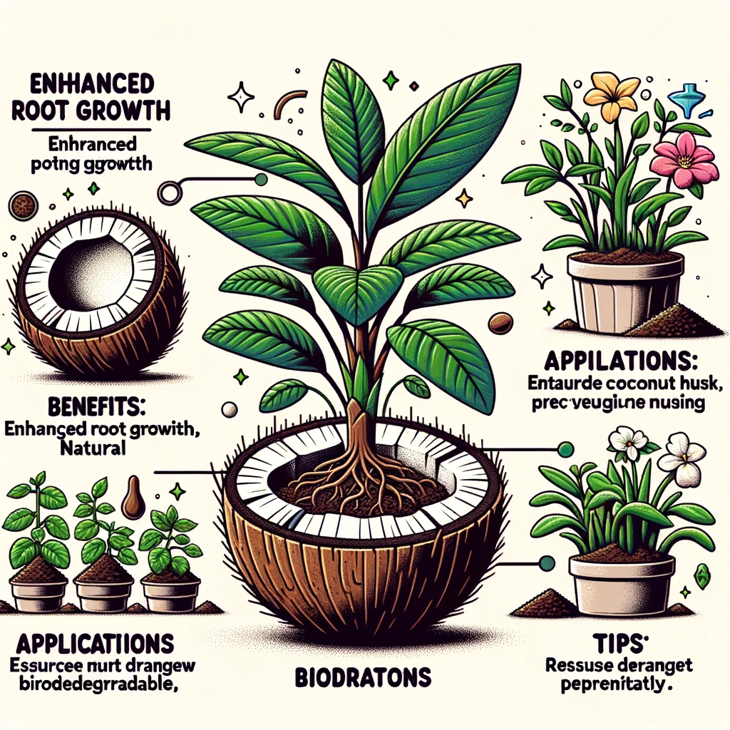 An illustration depicting a split coconut, its husk being used as a substrate for plants, with various benefits, applications, and tips.