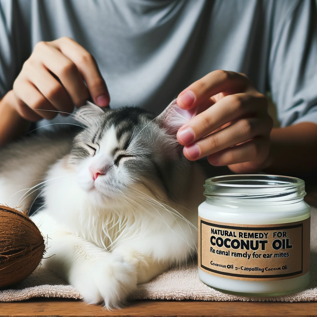 A photo-based depiction of a cat on a table with coconut oil being applied, next to a container labeled as a natural remedy for ear mites.