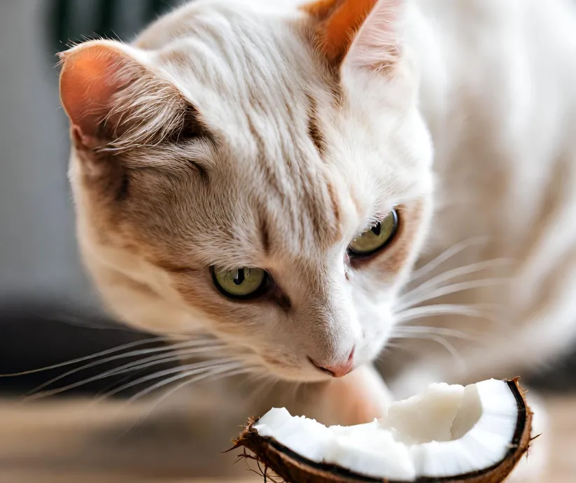 A cat inspecting a piece of coconut meat