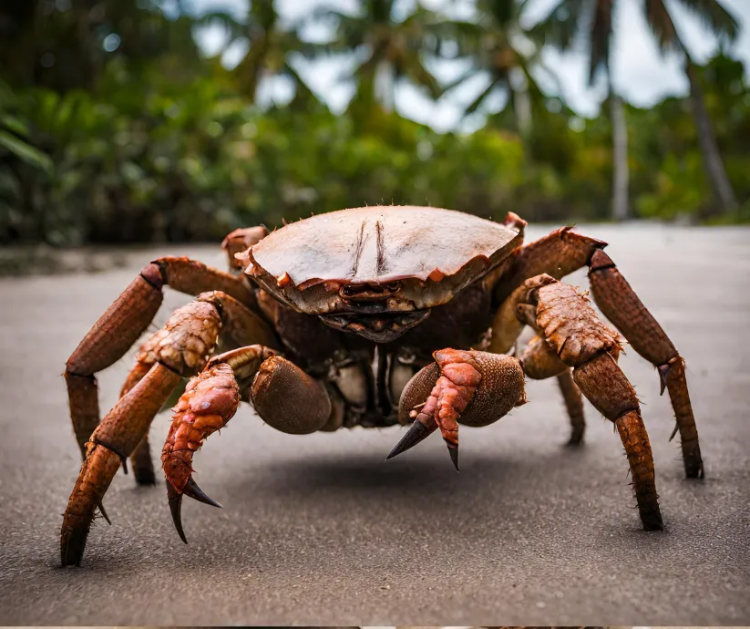A large, brown land crab with white claws and legs