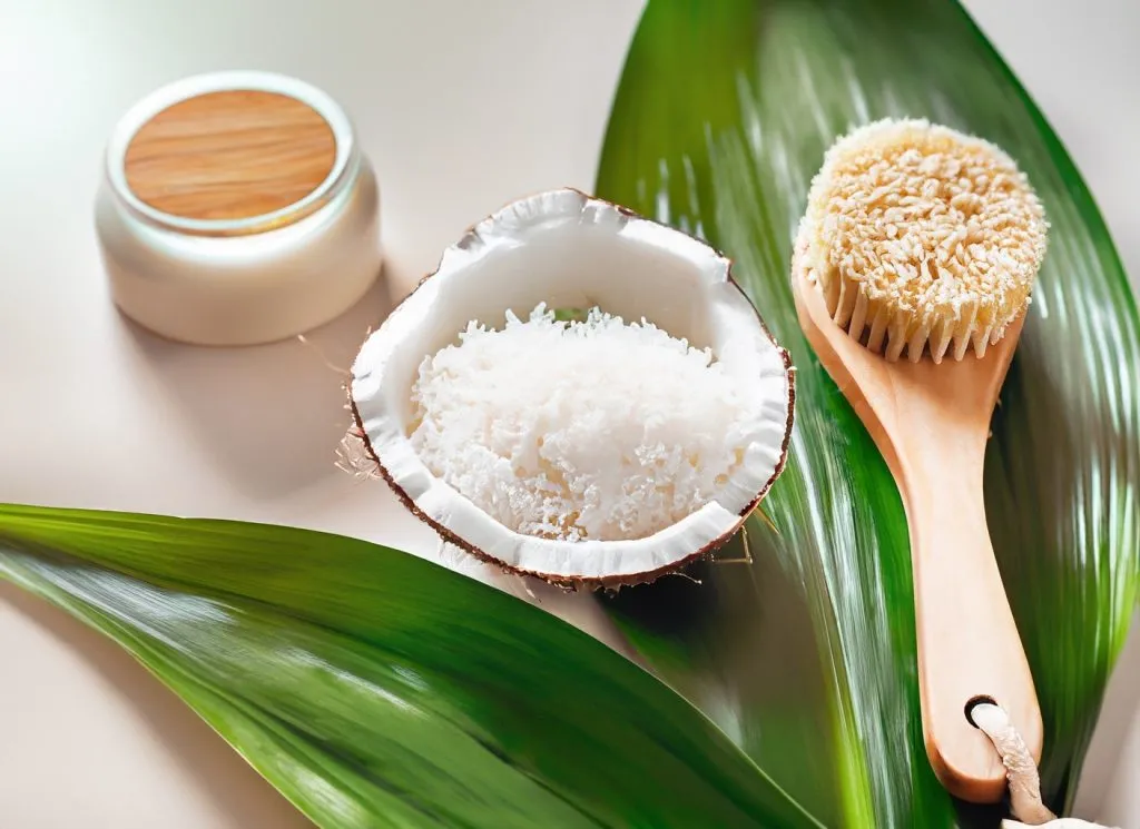 coconut oil after waxing a girl doing skin care in the spa; fresh green leaf of rice and org