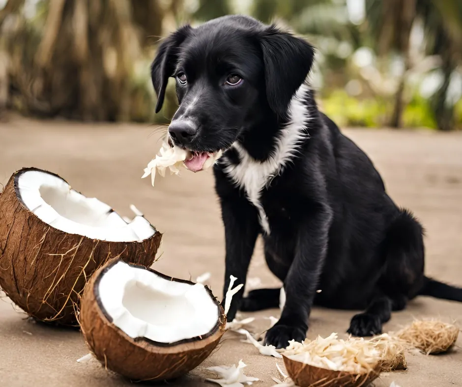 Dog eating coconut A black dog with white paws and chest is eating a piece of grated coconut.