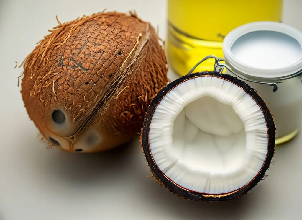 Fresh coconut and jar of coconut oil on a wooden surface