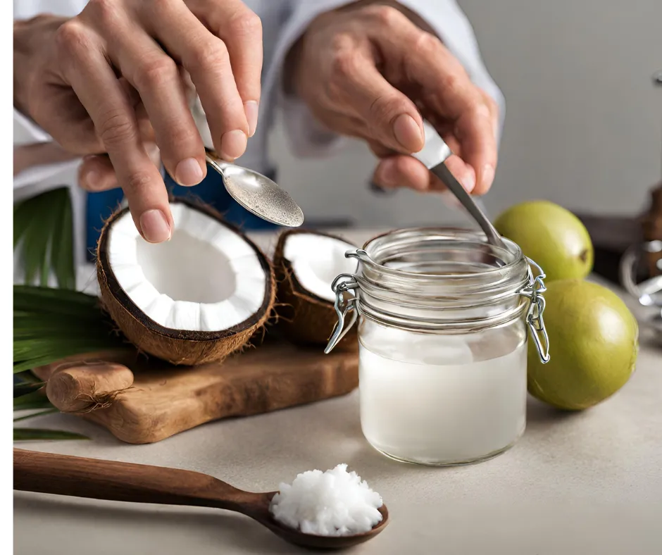 a man in a white coat is mixing coconut oil into a jar