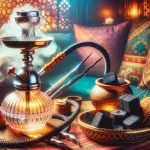 A vibrant and inviting image featuring a traditional hookah set up with coconut charcoal ready for use. The scene includes a well-crafted hookah with