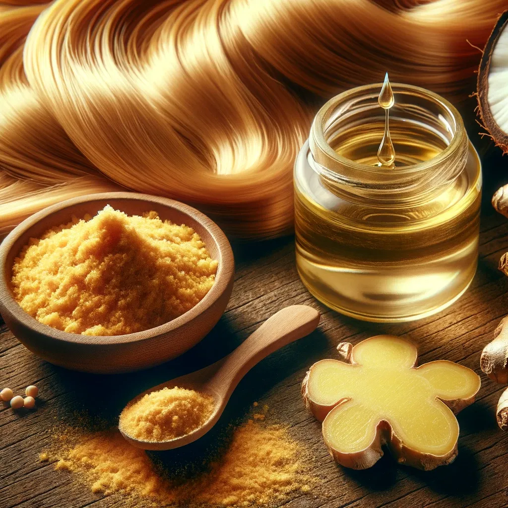 DALL·E 2023-11-05 05.05.23 – A high-resolution image depicting a DIY hair care scene. The image features a small bowl filled with a golden-hued mixture of ginger powder and coconu